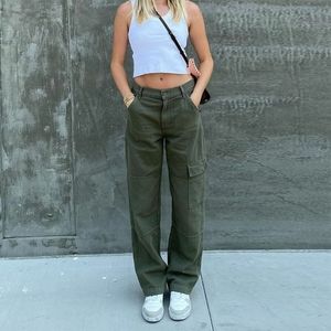 Olive Green Baggy Straight Leg Cargo Pants
